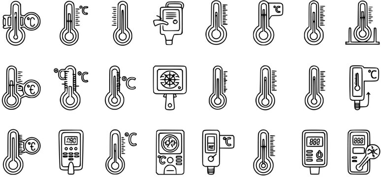 Black and White Line Art Icons of Thermometers and Digital Temperature Devices