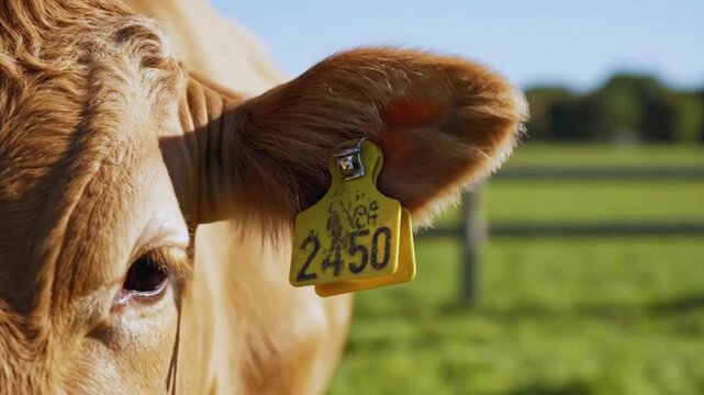 Captivating video showing a brown cow's ear with a distinct yellow identification tag, featuring the number 2450, gently swaying or breathing in a sunny field footage.
