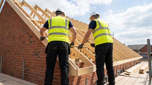 Construction workers in helmets and safety gear assembling wooden roof frame, teamwork, craftsmanship, construction site concept