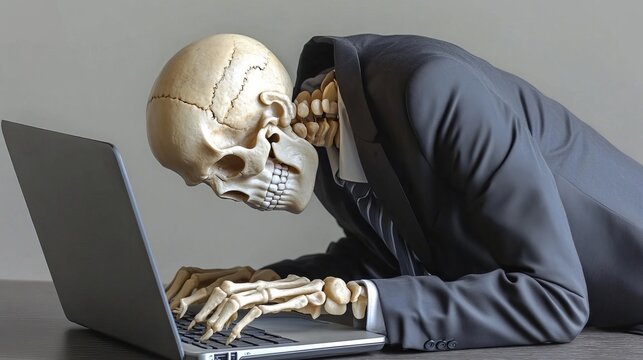 Frustrated Businessman Skeleton in Suit Faces Computer Problems Under Intense Deadline Pressure