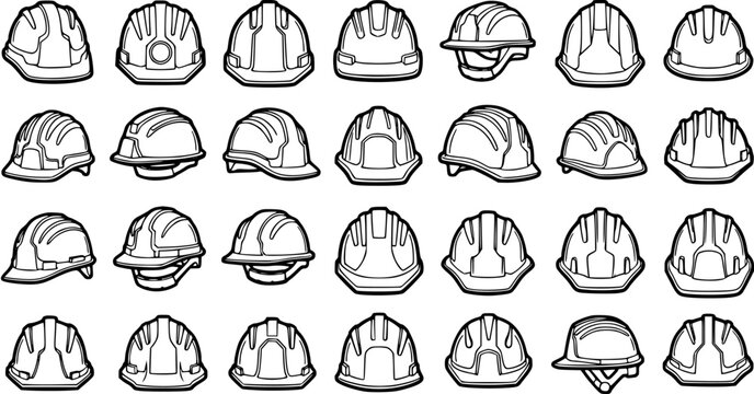 Construction Hard Hats and Safety Helmets Black  White Vector Line Art Icons Set