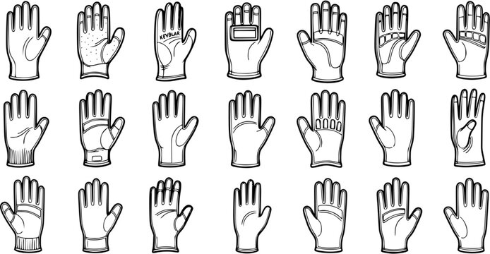 Safety and Work Gloves Black and White Line Art Vector Icons. Collection of Protective Handwear, Industrial Workwear, and Equipment Illustrations.