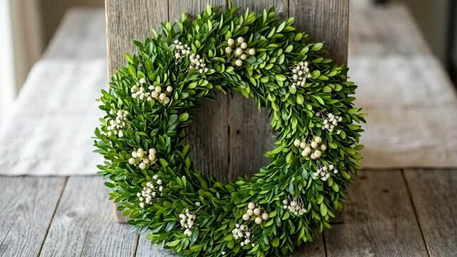Circular green boxwood foliage wreath with small white berries resting against a rustic weathered wooden wall