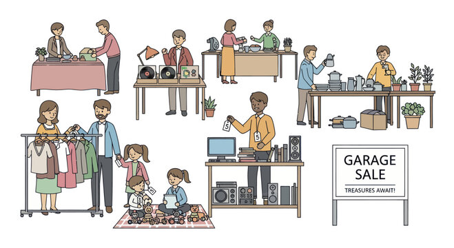 Diverse People Shopping and Selling at a Busy Garage Sale Event