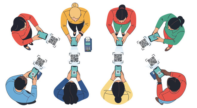 People scanning QR codes with smartphones for digital payment and information access
