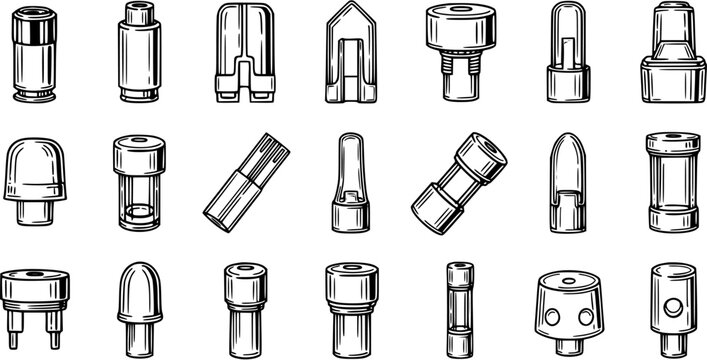 Vaping Electronic Cigarette Components Line Art Set - Hand-drawn Black and White Vector Illustration of Vape Device Parts