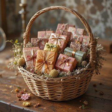 A wicker gift hamper used for sustainable decorative purposes rustic home