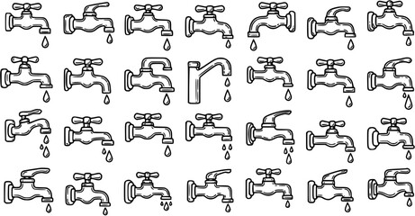 Fototapeta premium Hand-drawn Black and White Line Art Faucets and Taps with Dripping Water. Ideal for Plumbing, Water Conservation, and Home Repair Concepts.