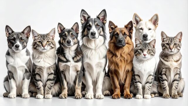 Variety of domestic cats and dogs sitting together in a row on a clean white background for pet care concept