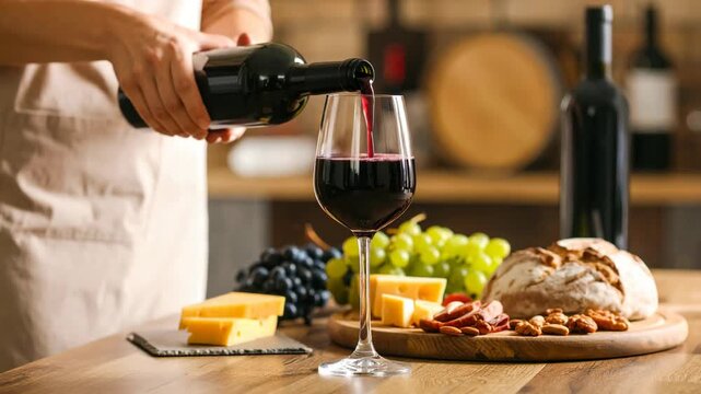 Person pouring red wine into a glass next to a gourmet cheese board and fresh fruit in a rustic cellar atmosphere