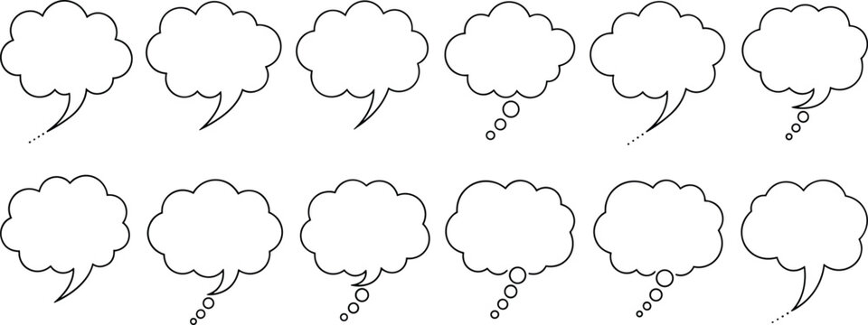 Thought bubble icon set collection, thinking cloud symbols, idea and imagination concept, minimalist line design, modern vector illustration for brainstorming and creativity themes