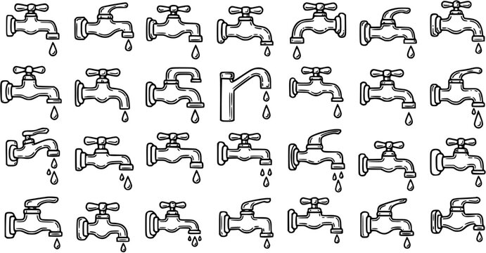 Hand-drawn Black and White Line Art Faucets and Taps with Dripping Water. Ideal for Plumbing, Water Conservation, and Home Repair Concepts.