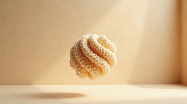 Esponja de lufa natural flotando en el aire, fondo minimalista de spa