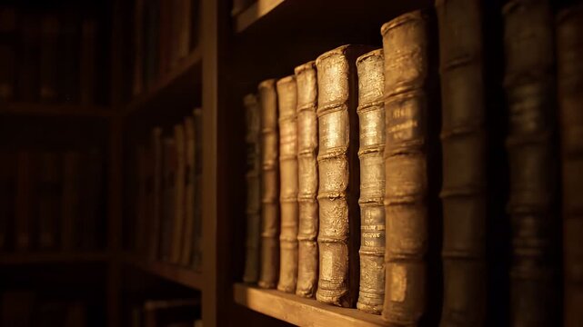Golden hour light illuminates antique encyclopedias and shimmering dust in a forgotten library corner