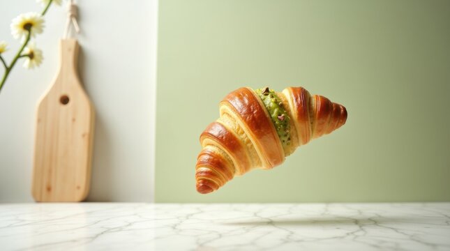 Croissant de pistacho con capas doradas y un suave tono verde que flota en el aire
