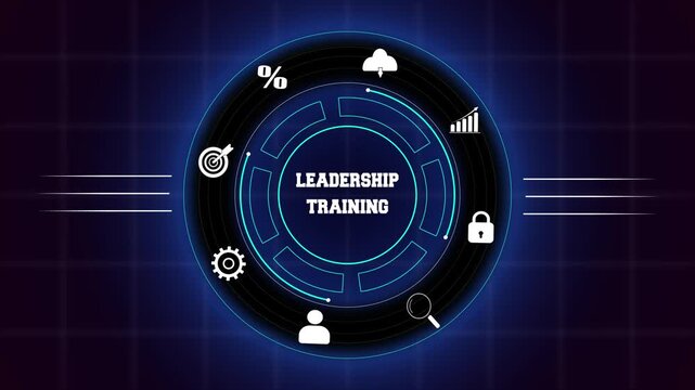 Professional leadership training concept with hud animation, featuring futuristic digital icons for business management and skills.