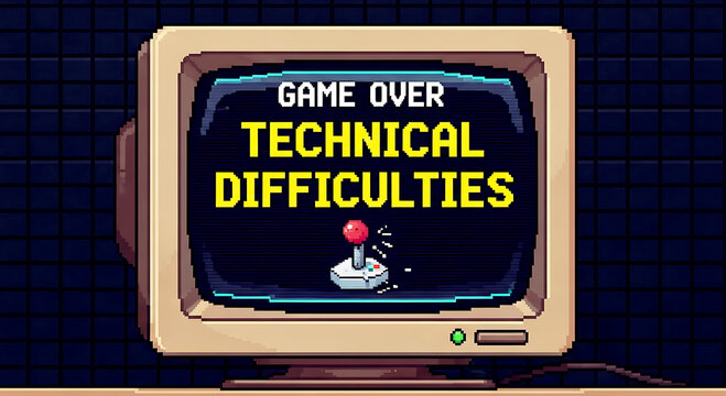 Retro pixel art illustration showing a 'GAME OVER' and 'Technical difficulties screen' on a vintage CRT monitor with a joystick