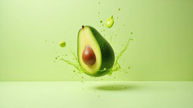 Aguacate maduro que explota en dos mitades y hueso volando, fragmentos verdes y gotas de jugo congelados en el aire