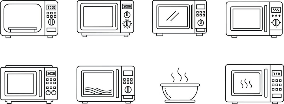 Microwave oven icon set collection, kitchen appliance symbols, cooking and heating concept, minimalist line design, modern vector illustration for home, food, and technology themes