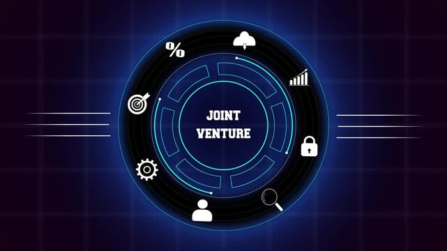 Business joint venture concept with hud animation, featuring digital interface icons for corporate partnership and shared growth.