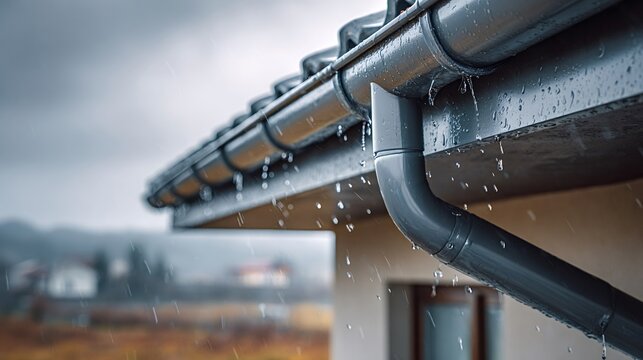 Rainwater is extensively dripping and flowing from a gray plastic gutter and downspout system while a storm continues over a suburban house, ensuring proper drainage
