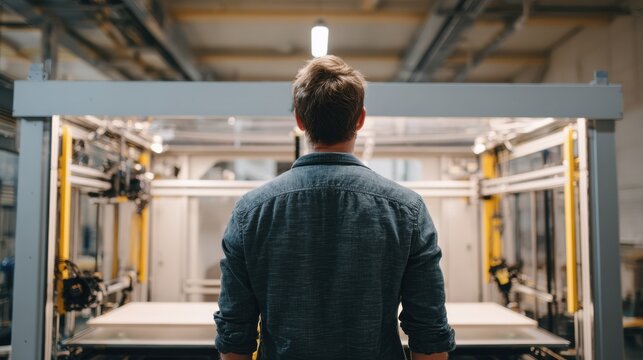 Caucasian project lead inspecting large format additive system, assessing gantry motion and bed leveling, industrial lighting, team planning for scale, sustainability considerations and digital twin