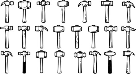 Obraz premium Black and White Line Art Hammers Collection - Construction and DIY Tools Vector Set