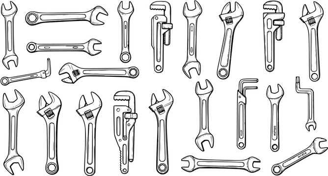 Black and White Line Art Illustration of Various Wrenches and Pipe Wrenches