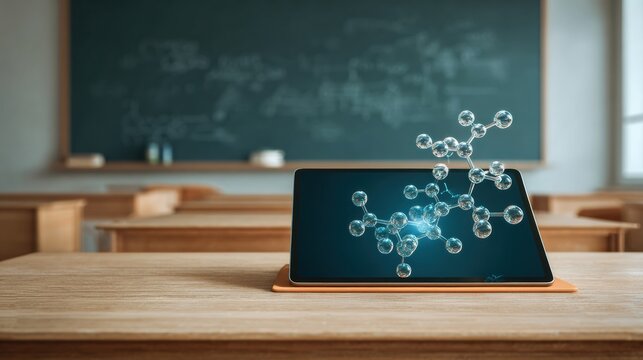 Tablet centered on desk showcasing molecule in ar, classroom setting with teacher prep energy, soft focus chairs and chalkboard behind, ideal for lecture demo or virtual lab session.