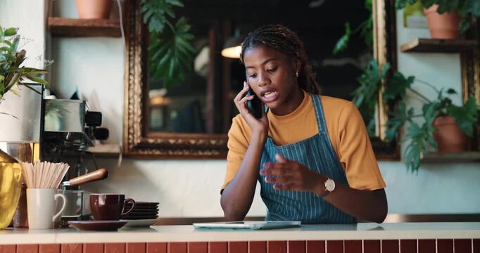 Phone call, chat or black woman in bistro with tablet, inventory management or negotiation with supplier. Hospitality, contact or owner with tech, stock checklist or vendor networking in restaurant.