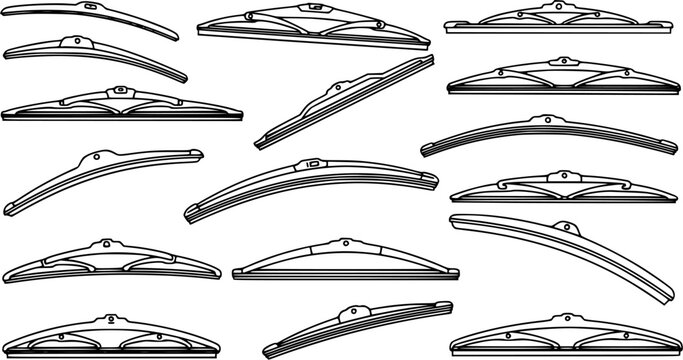 Automotive Windshield Wipers Black  White Line Art Vector Set. Outline Illustrations of Various Car Wiper Blades for Vehicle Maintenance and Replacement.