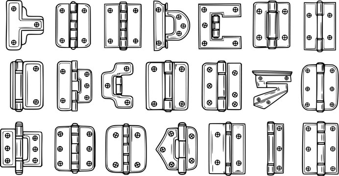 Construction Hardware: Collection of Black and White Line Art Hinges. Hand-Drawn Sketch Set of Door and Cabinet Fittings for Renovation and DIY Projects.