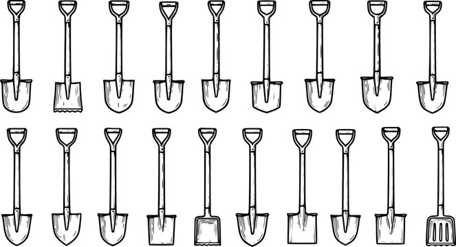 Black and White Line Art Illustration of Various Shovels for Gardening and Construction
