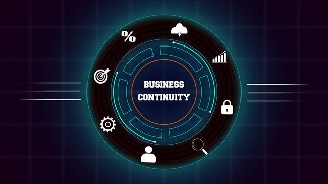 Business continuity planning concept with hud animation, featuring digital interface icons for corporate risk management.
