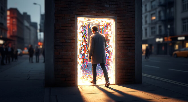 Young adventurous person stepping through glowing pixelated virtual reality portal gateway on dark urban street wall surface representing immersive digital transition and future metaverse world.