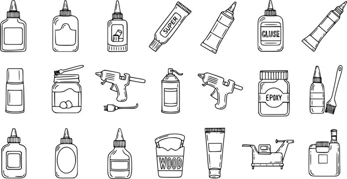 Hand-Drawn Black  White Line Art Glues and Adhesives Collection for Craft and DIY Projects. Doodle Icons of Glue Guns, Super Glue, Epoxy, and Wood Glue.