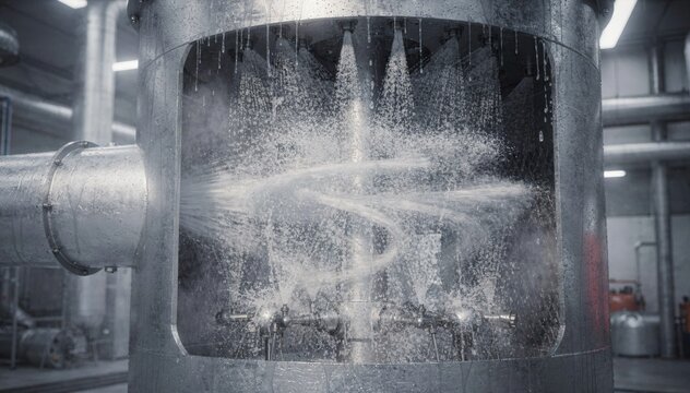 Closeup medium shot of wet scrubber in action where furnace emissions pass through water sprays to remove pollutants and neutralize gases.