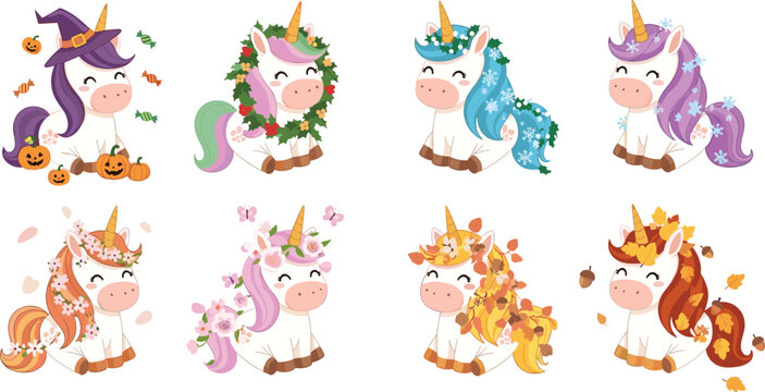 Cute unicorn seasonal collection with Halloween Christmas winter spring summer autumn themes adorable cartoon fantasy vector illustration set