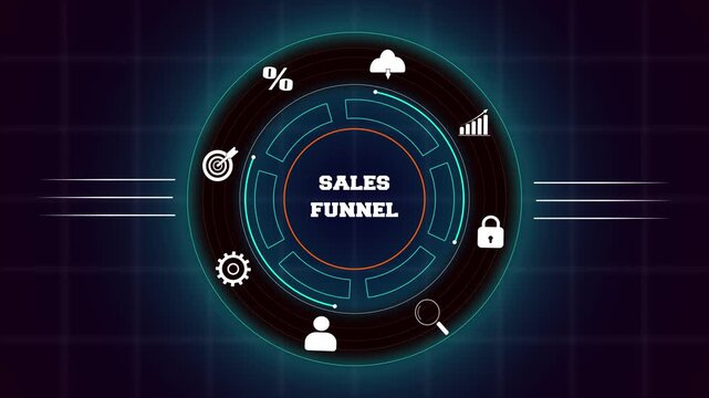 Business sales funnel concept with hud animation, featuring digital interface icons for professional marketing and conversion.