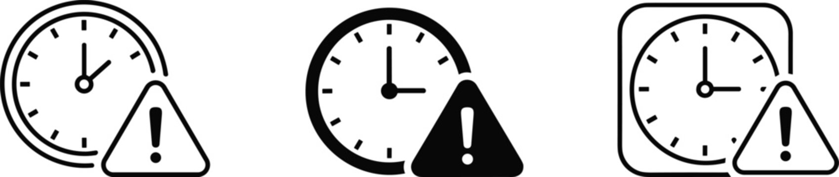 Clock warning icon set, time alert symbols in outline and solid styles, deadline reminder concept, schedule management graphics, urgency notification and timing alert interface elements