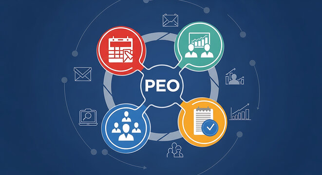 Professional Employer Organization PEO concept displaying human resource administration workforce management compliance regulatory solution outsource strategy business corporate talent leadership