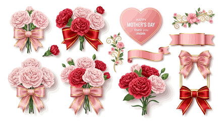 Happy Mother's Day Floral Design Elements Set with Carnation Bouquets, Pink Ribbons, and Gold Flourishes © Graphicnoell