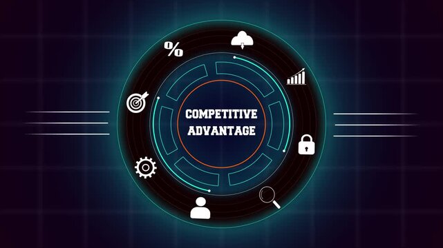 Business competitive advantage concept with hud animation, featuring digital interface icons for professional market leadership.