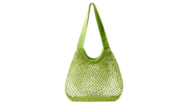 Isolated bright green reusable mesh string bag, eco-friendly accessory for grocery shopping
