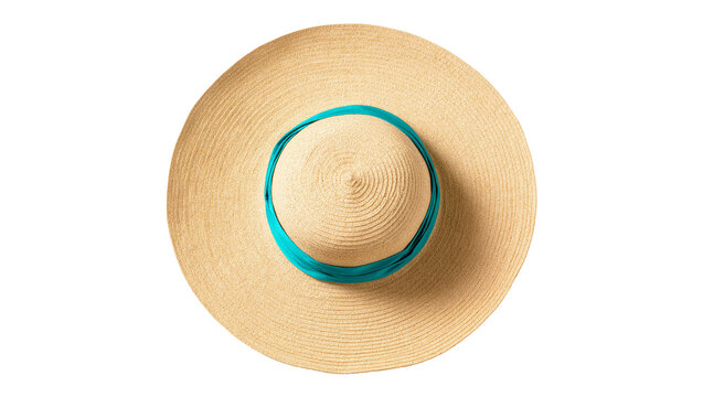 Isolated stylish wide-brimmed woven straw sun hat with a vibrant turquoise blue ribbon
