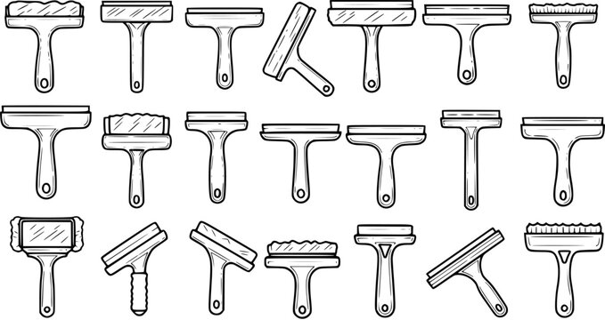 Cleaning and Painting Tools Line Art Set. Black and White Outline Icons Collection of Squeegees, Paint Rollers, Brushes, and Applicators for Home Improvement.