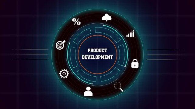 Business product development concept with hud animation, featuring digital interface icons for professional innovation.