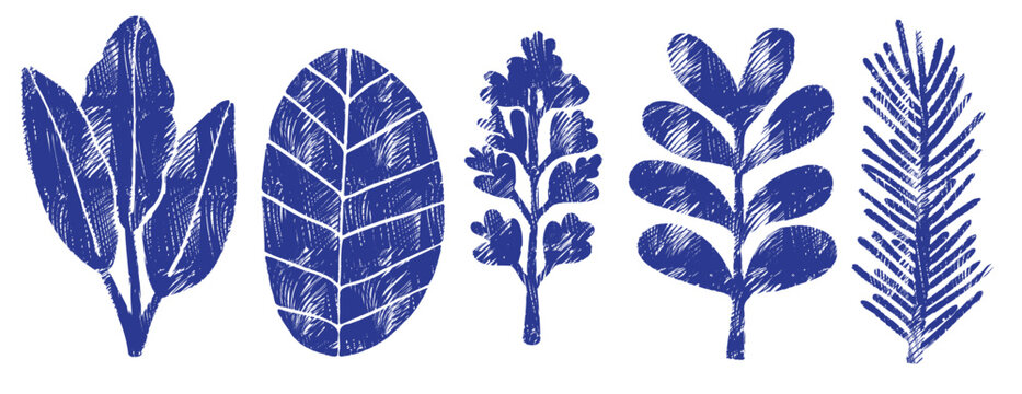 Indigo blue linocut herb leaf vector set. Vintage woodcut botanical collection with crosshatch texture. Hand drawn rosemary, mint and basil sprigs for kitchen decor, spice branding and organic design