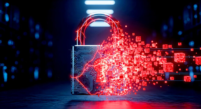 Digital security breach leading to data corruption and system failure, visually represented as a breaking padlock on a technical difficulties screen.