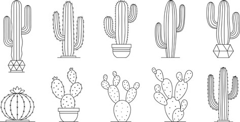 Fototapeta premium Cactus Outline Icon Set with Minimal Line Art Succulent Plants in Pots, Desert Botanical Collection for Coloring Pages, Logos and Simple Vector Design